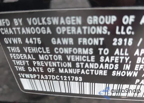 2013 Volkswagen Passat 2.5L Se из США, поврежденный, VIN 1VWBP7A37DC121793